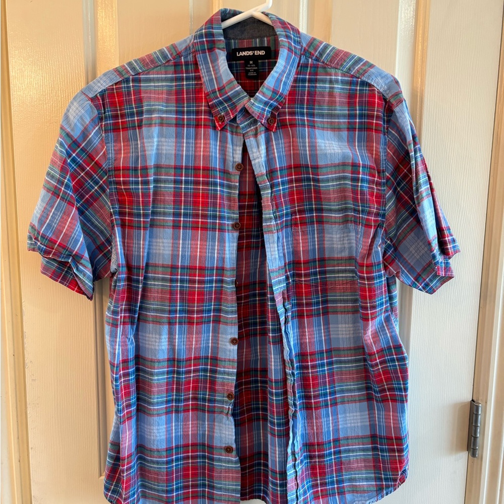 Lands end button down plaid shirt short sleeve men’s medium